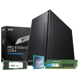 PCB_HOME_I716G-V2_PCBuilder-Intel-i7-14700-HOME-Master-Windows-11-Desktop-PC_wr_01ajpg - Computech-Solutions MSI Pro B760M-E DDR4 motherboard box with a CPU, RAM, and SSD in front as a hardware bundle image