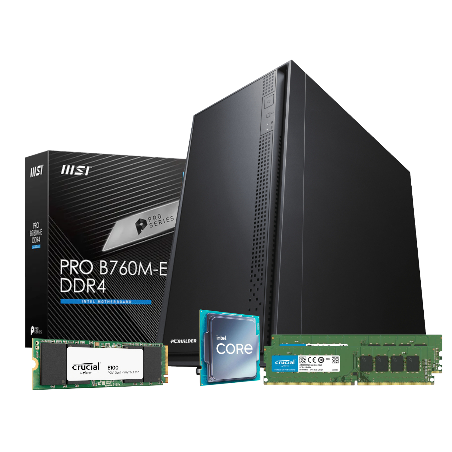 PCB_HOME_I716G-V2_PCBuilder-Intel-i7-14700-HOME-Master-Windows-11-Desktop-PC_wr_01ajpg - Computech-Solutions MSI Pro B760M-E DDR4 motherboard box with a CPU, RAM, and SSD in front as a hardware bundle image