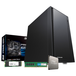 PCB_HOME_R58G-V1_PCBuilder-AMD-Ryzen-5-3400G-HOME-MASTER-Windows-11-Desktop-PC_wr_01jpg - Computech-Solutions Large black desktop computer tower with a motherboard, RAM sticks, SSD, and AMD Ryzen processor laid out beside it.