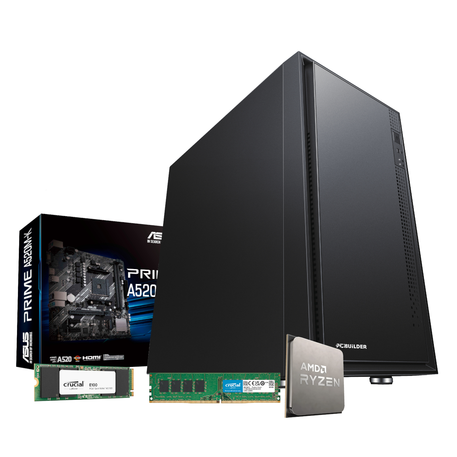 PCB_HOME_R58G-V1_PCBuilder-AMD-Ryzen-5-3400G-HOME-MASTER-Windows-11-Desktop-PC_wr_01jpg - Computech-Solutions Large black desktop computer tower with a motherboard, RAM sticks, SSD, and AMD Ryzen processor laid out beside it.