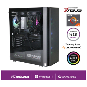 PCB_SEEKER_01_PCBuilder-Ryzen-5-7600-SEEKER-Windows-11-Gaming-PC_wr_01cjpg - Computech-Solutions Transparent-side gaming PC tower showing an ASUS build with RGB cooling and visible motherboard, GPU, and components.