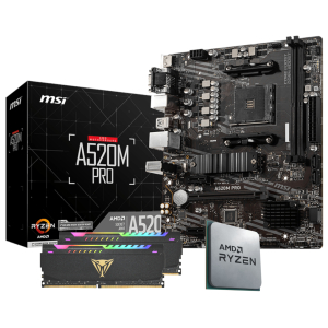 PCB_UPK_23_PCBuilder-AMD-Ryzen-5-5600X-LEVEL-UP-Core-Upgrade-Kit_wr_01jpg - Computech-Solutions Motherboard kit with MSI A520M Pro motherboard, Ryzen CPU, and RGB RAM sticks shown together for a build.