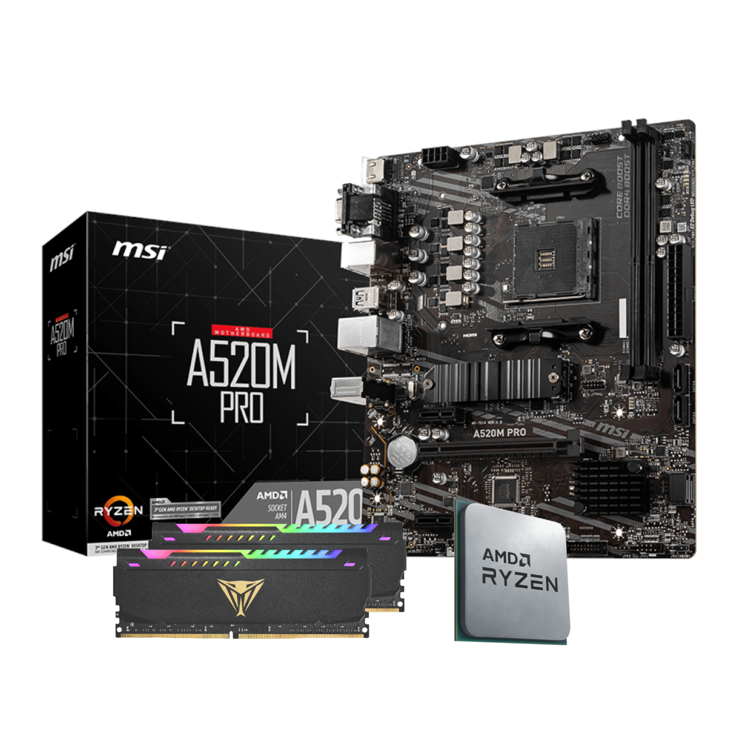 PCB_UPK_23_PCBuilder-AMD-Ryzen-5-5600X-LEVEL-UP-Core-Upgrade-Kit_wr_01jpg - Computech-Solutions Motherboard kit with MSI A520M Pro motherboard, Ryzen CPU, and RGB RAM sticks shown together for a build.