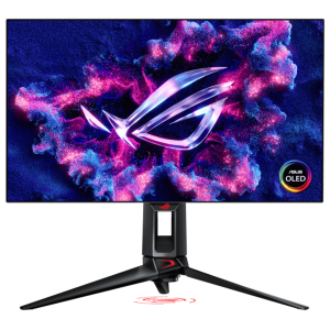 PG27AQDP_Asus_ROG_Strix_27_QD-OLED_HDR_400_True_B_wr_01png - Computech-Solutions ASUS OLED gaming monitor on a stand with a red ROG logo, displaying a colorful abstract wallpaper