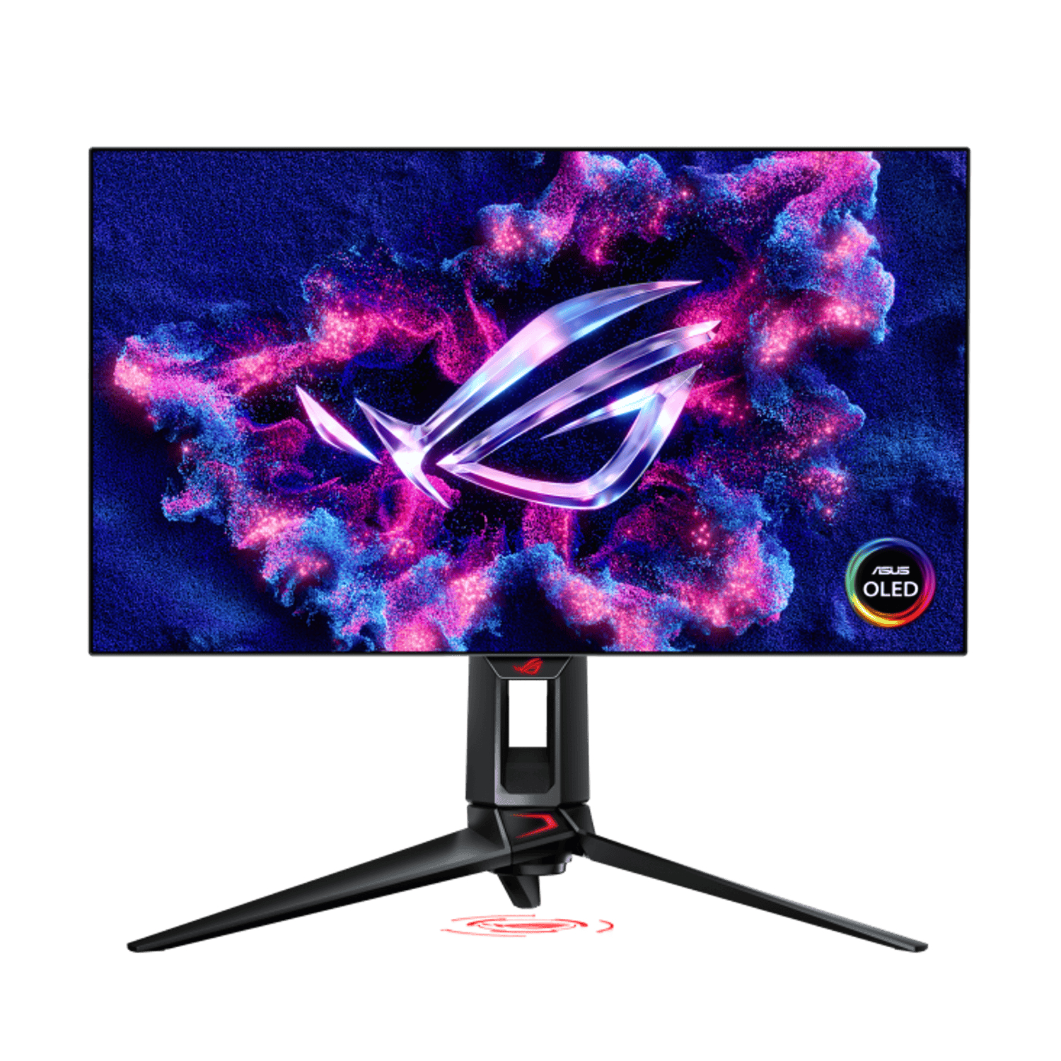 ASUS OLED gaming monitor on a stand with a red ROG logo, displaying a colorful abstract wallpaper