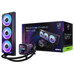 PHANTOM-GAMING-360-LCD_ASRock-Phantom-Gaming-360-LCD-All-in-one-Liquid-CPU-Cooler-Black_wr_01ajpg - Computech-Solutions ASRock Phantom Gaming 360 LCD liquid CPU cooler with three RGB fans and tubing, shown beside its box package.