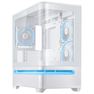 PRIMEAP202-WH_ASUS_Prime_AP202_ARGB_mATX_White_Chassis_wr_01png - Computech-Solutions PC case with a transparent side panel showing three blue-ringed front cooling fans