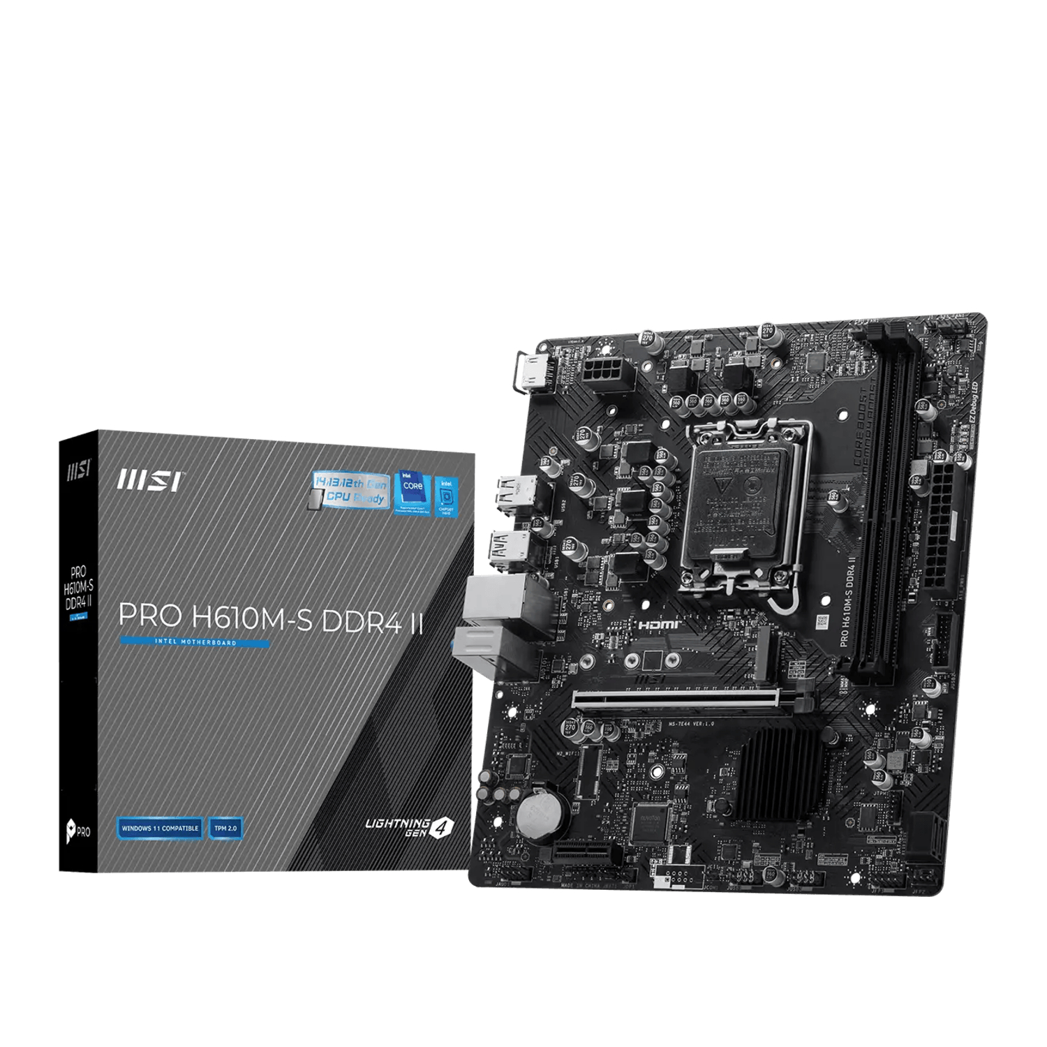 PROH610M-SDDR4II_MSI_PRO_H610M-S_DDR4_II_LGA1700_M-ATX_Mo_wr_01png - Computech-Solutions Black computer motherboard with CPU socket and I/O ports shown beside its PRO H610M-S DDR4 II box.