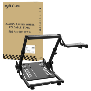 PXN_PXN-A10_wr_01bjpg - Computech-Solutions Boxed gaming racing wheel foldable stand with black metal frame and side shelves, labeled A10 in English and Chinese text on the box