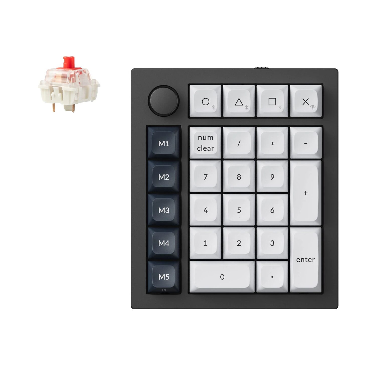 Q0M-M1_Keychron_Q0_Max_QMK_Gateron_Jupiter_Red__wr_01jpg - Computech-Solutions Macro keypad with five dark M1–M5 keys on the left and a white numeric keypad on the right, plus a round black control knob at top-left; a small red actuator sits to the side.