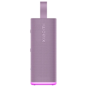 Lavender portable speaker with a woven fabric grille and a pink base, shown upright.
