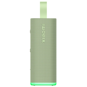 Tall green portable Bluetooth speaker with woven fabric, a lime handle at the top, and a glowing lime base at the bottom.