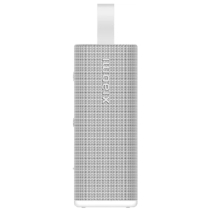 Tall, slim silver portable speaker with a perforated grille and a white top strap.