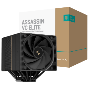 CPU air cooler with large black fan in front of brown game-box packaging labeled Assassin VC Elite Vapor Chamber Elite CPU Air Cooler