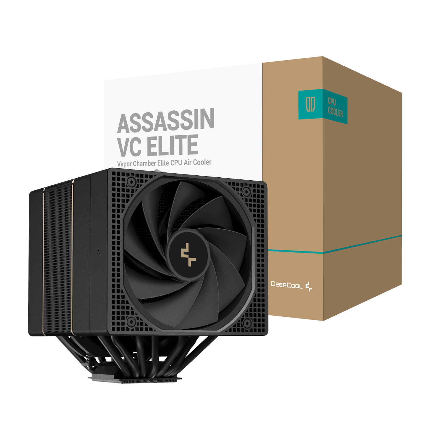 R-ASN4-BKNVNN-GJD_DeepCool-Assassin-VC-Elite-CPU-Air-Cooler-Black_wr_01jpg - Computech-Solutions CPU air cooler with large black fan in front of brown game-box packaging labeled Assassin VC Elite Vapor Chamber Elite CPU Air Cooler