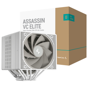 DeepCool Assassin VC Elite CPU air cooler beside its packaging box