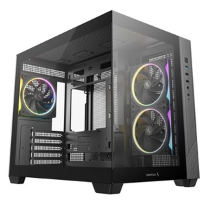 R-CG330-BKNGM3-G_DEEPCOOL_CHASSIS_CG330_5F_MATX_ARGB_BK_wr_11jpg - Computech-Solutions Black PC case with a transparent side panel showing RGB-lit cooling fans inside