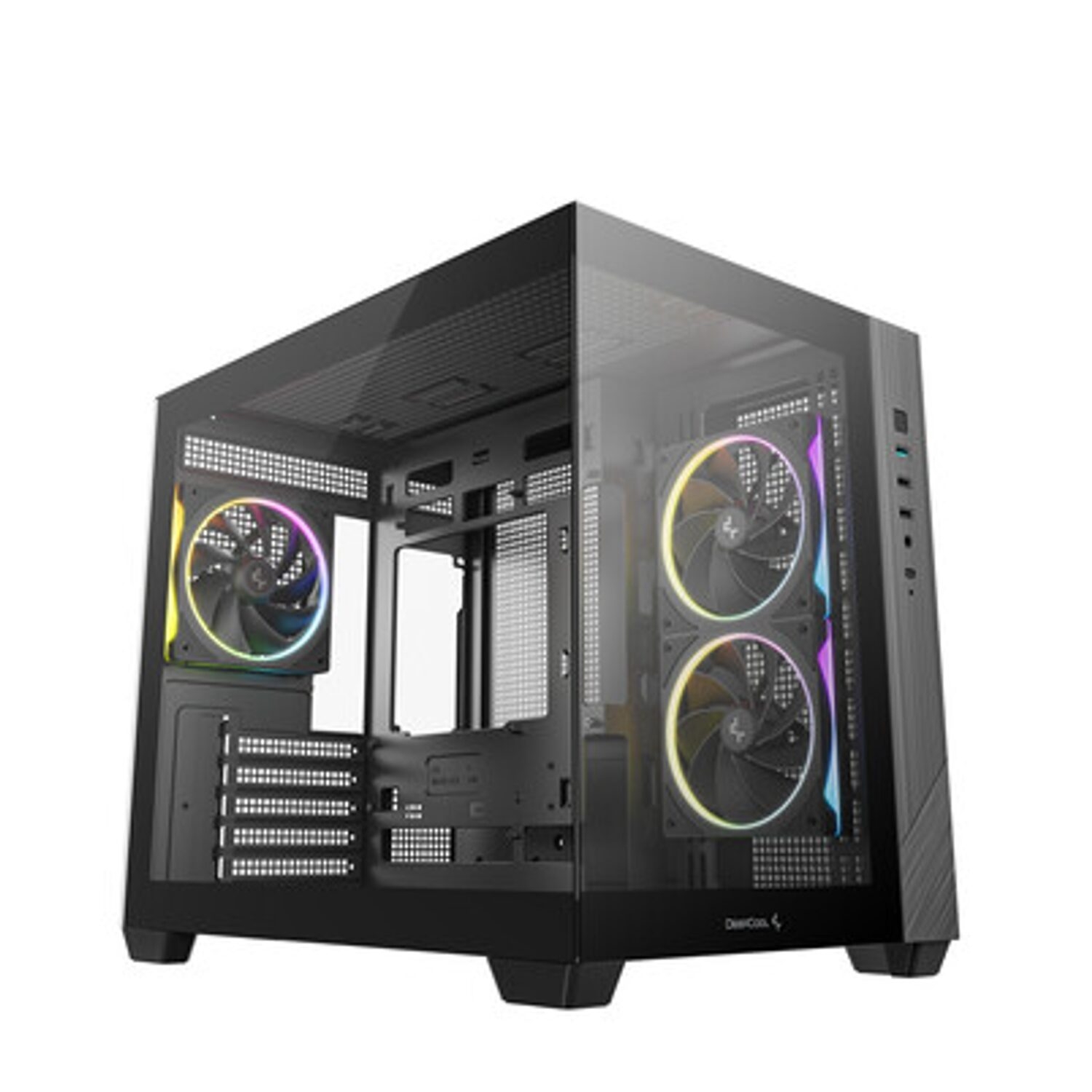 R-CG330-BKNGM3-G_DEEPCOOL_CHASSIS_CG330_5F_MATX_ARGB_BK_wr_11jpg - Computech-Solutions Black PC case with a transparent side panel showing RGB-lit cooling fans inside