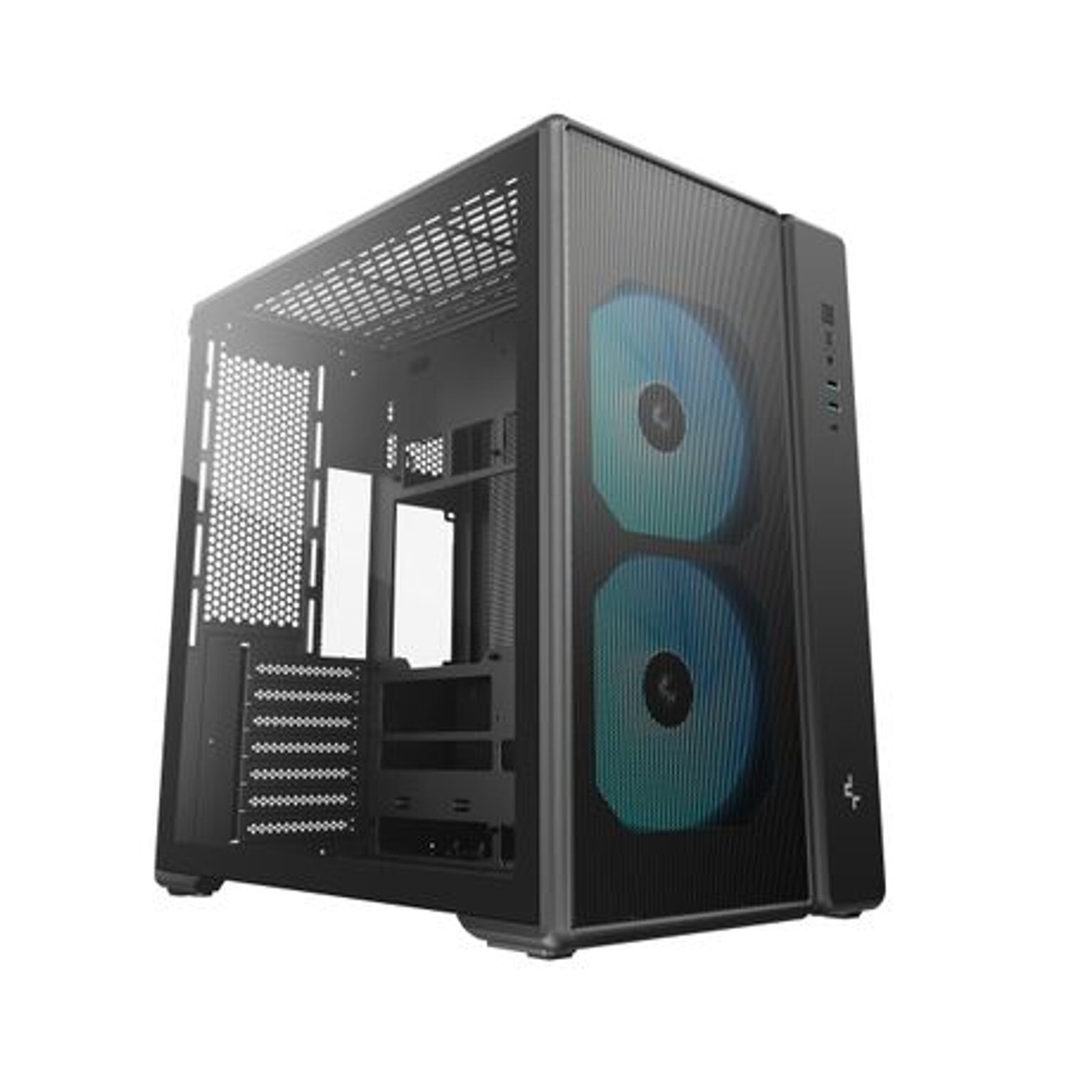 R-CG590MESH-BKANA2-G_DeepCool_CG590_Mesh_2F_ATX_ARGB_Gaming_C_wr_06jpg - Computech-Solutions Black mid-tower PC case with transparent side panel showing two blue cooling fans at the front.