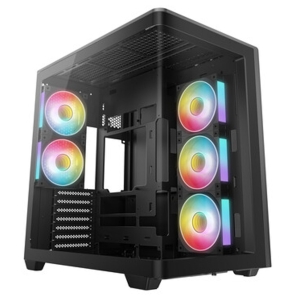 Black mid-tower PC case with multiple RGB-lit fans visible through a side panel, showcasing interior cooling hardware and airflow.