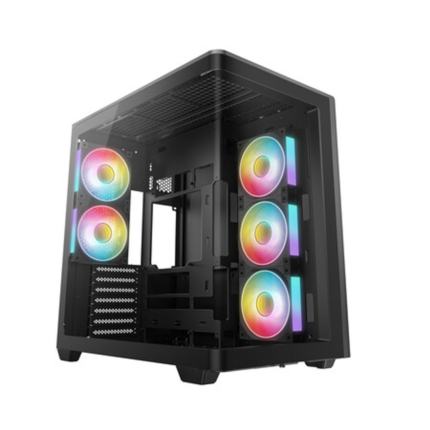 R-CG590U-BKAGA5-G_DeepCool_CG590U_5F_ATX_ARGB_Gaming_Chass_wr_03jpg - Computech-Solutions Black mid-tower PC case with multiple RGB-lit fans visible through a side panel, showcasing interior cooling hardware and airflow.