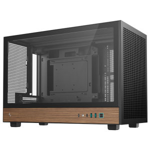 R-CH260-BKNWM0-G-1_DeepCool-CH260-Wood-mATX-Gaming-Chassis-Black_wr_01ajpg - Computech-Solutions Full desktop computer case with wood front panel and mesh side vent, interior chassis visible through a glass panel, showing drive bays and motherboard tray edges.