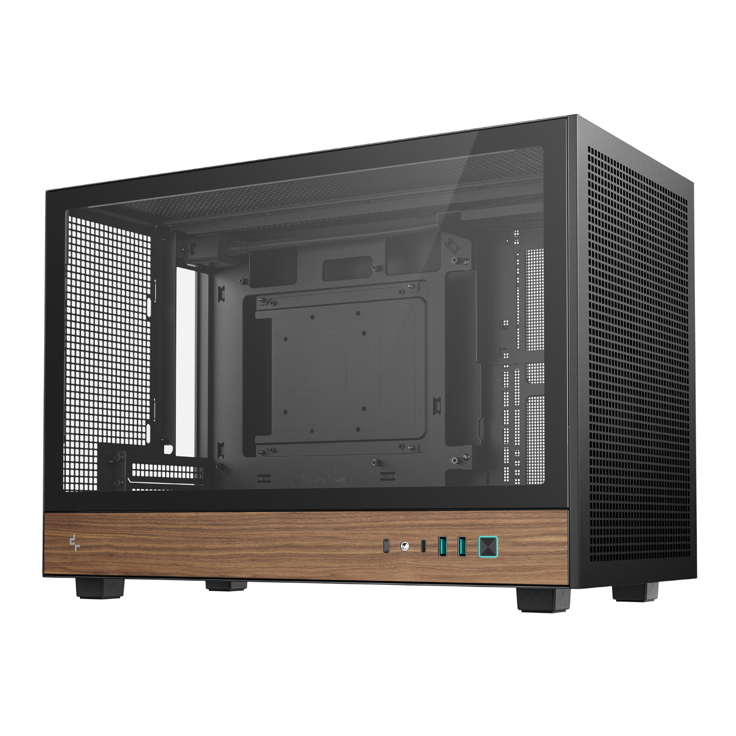 R-CH260-BKNWM0-G-1_DeepCool-CH260-Wood-mATX-Gaming-Chassis-Black_wr_01ajpg - Computech-Solutions Full desktop computer case with wood front panel and mesh side vent, interior chassis visible through a glass panel, showing drive bays and motherboard tray edges.