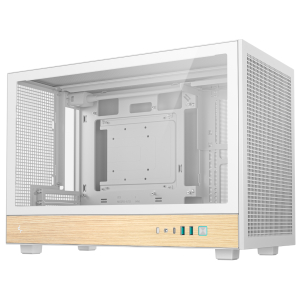 R-CH260-WHNWM0-G-1_DeepCool-CH260-Wood-mATX-Gaming-Chassis-White_wr_01ajpg - Computech-Solutions White computer case with side panel removed, showing internal motherboard tray and drive bays on a wooden front panel front panel ports visible at bottom.