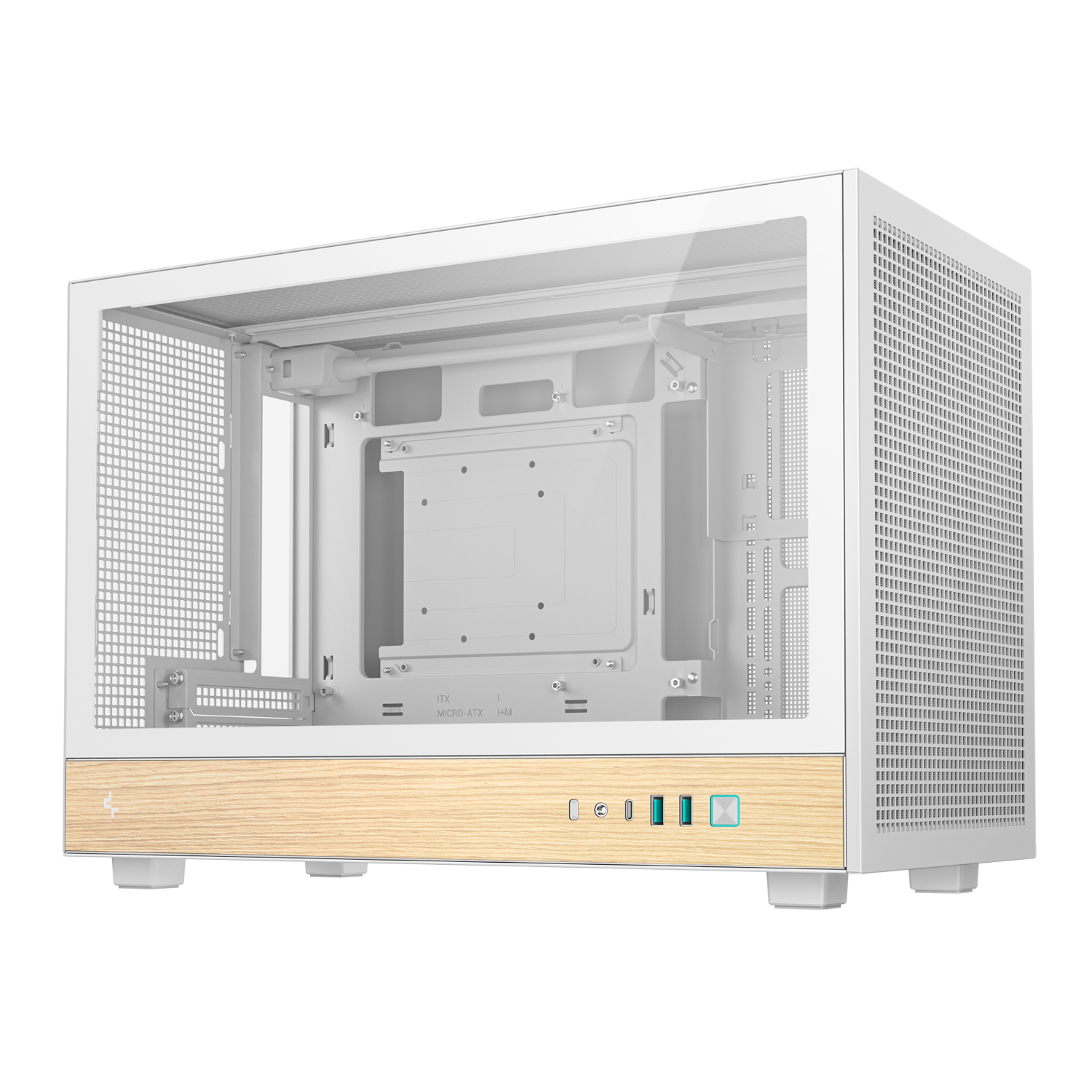 R-CH260-WHNWM0-G-1_DeepCool-CH260-Wood-mATX-Gaming-Chassis-White_wr_01ajpg - Computech-Solutions White computer case with side panel removed, showing internal motherboard tray and drive bays on a wooden front panel front panel ports visible at bottom.
