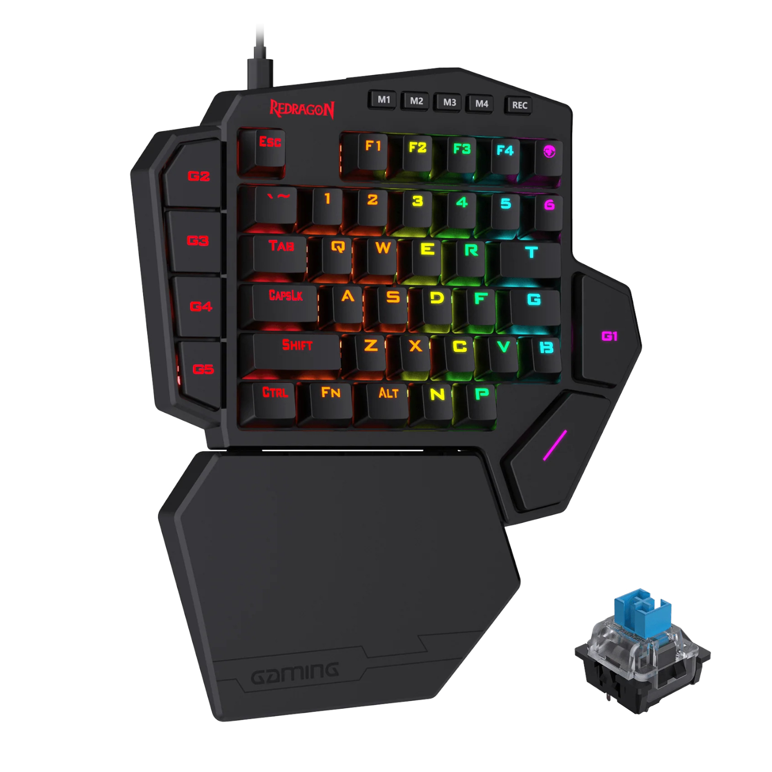RD-K585RGB-PRO-B_Redragon-K585-DITI-ELITE-PRO-RGB-40-Wireless-Mechanical-Gaming-Keyboard-Blue-Switches_wr_01ajpg - Computech-Solutions Compact black gaming keypad with rainbow RGB backlit keys, G1–G5 macro keys on the left, and a detachable palm rest.