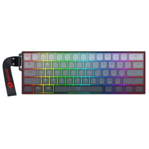 Compact rainbow RGB backlit keyboard with a black detachable wrist strap on the left side with a red dragon logo.