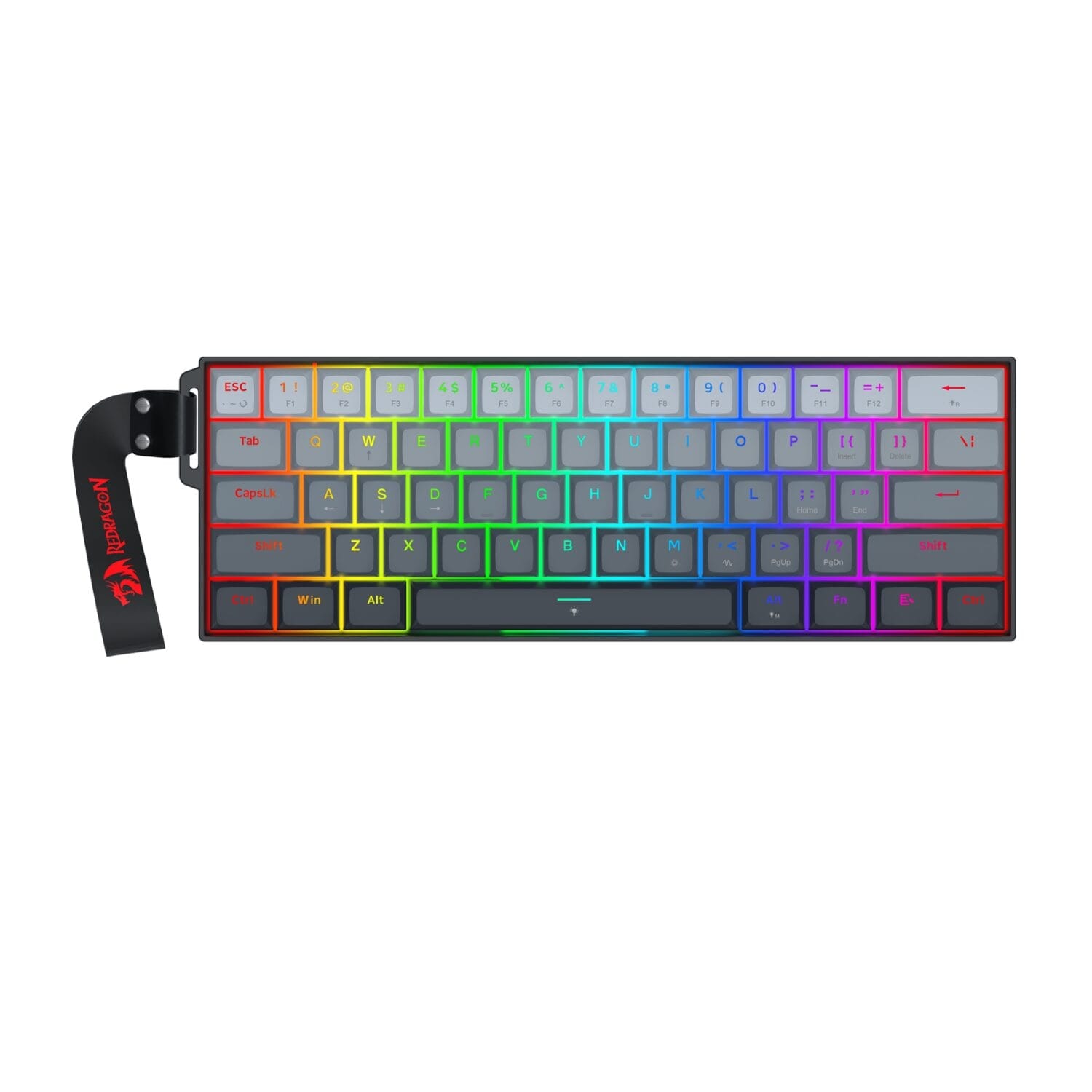 RDK617GGBRGBMPREDRAGONKBFIZZWIREDGRYwr01jpg ComputechSolutions Compact rainbow RGB backlit keyboard with a black detachable wrist strap on the left side with a red dragon logo.