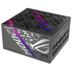 ROG-STRIX-1200P-GAMING_Asus-ROG-Strix-1200W-Platinum-ATX-Power-Supply_wr_01ajpg - Computech-Solutions ASUS ROG power supply with a lattice top vent and purple gradient logo on the side.