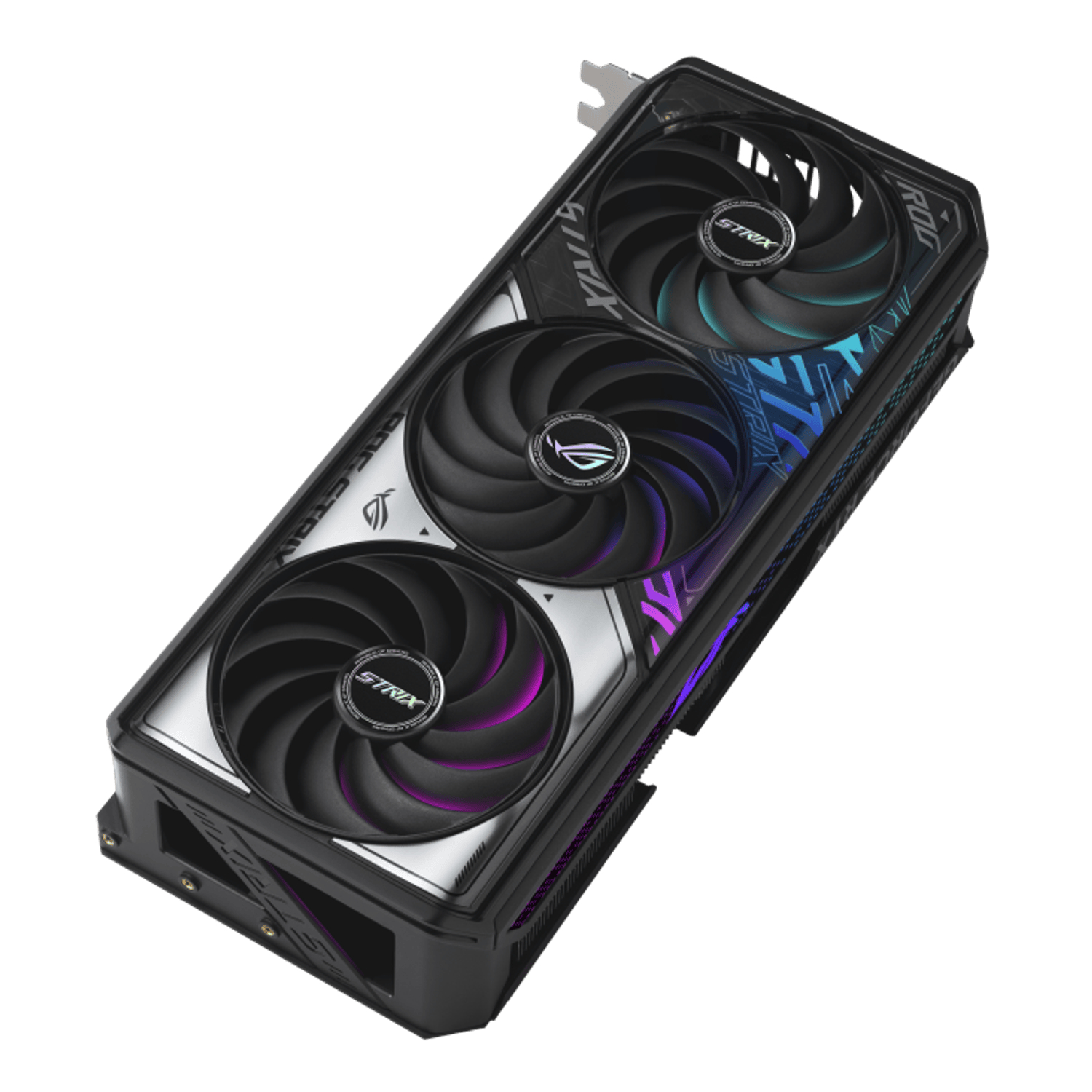 ROG-STRIX-RTX5070-O12G-G_ROG_Strix_GeForce_RTX_5070_12GB_GDDR7_OC_wr_08png - Computech-Solutions Triple-fan graphics card with black shroud and RGB accents, shown at a diagonal angle.