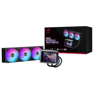 ROGRYUOIV360ARGB_ASUS_ROG_RYUO_IV_360_ARGB_Liquid_CPU_Coo_wr_01jpg - Computech-Solutions Three 120mm RGB fans with a 360 ARGB liquid CPU cooler and LCD display block, shown with the product box behind them (gaming PC cooler kit).