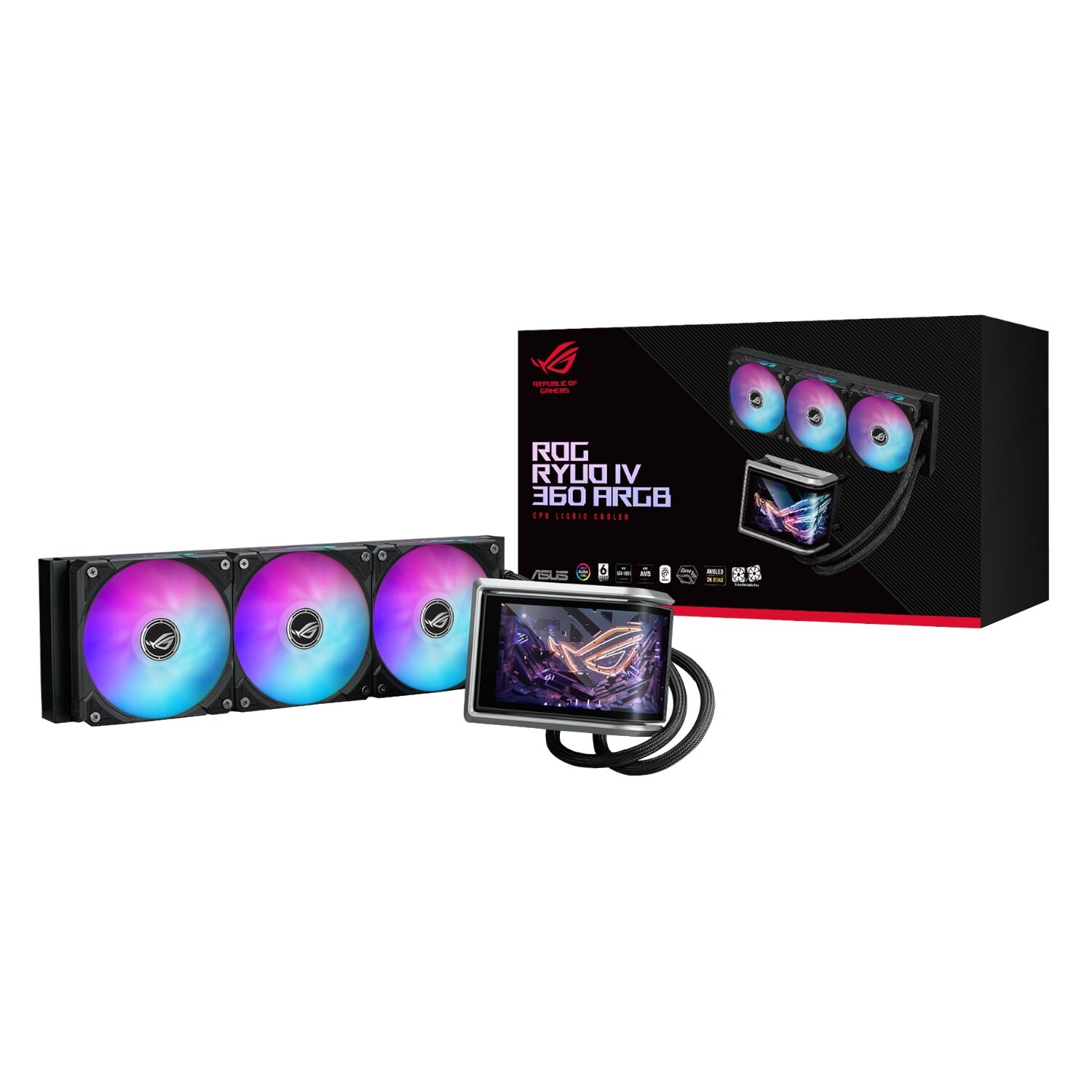 Three 120mm RGB fans with a 360 ARGB liquid CPU cooler and LCD display block, shown with the product box behind them (gaming PC cooler kit).
