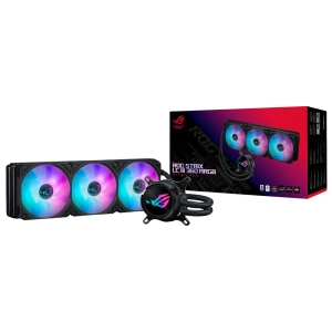 ROGSTRIXLCIII360ARGB_ASUS_ROG_Strix_LC_III_360_ARGB_Liquid_CP_wr_01jpg - Computech-Solutions RGB liquid CPU cooler with a 360mm radiator and three illuminated fans beside its box.