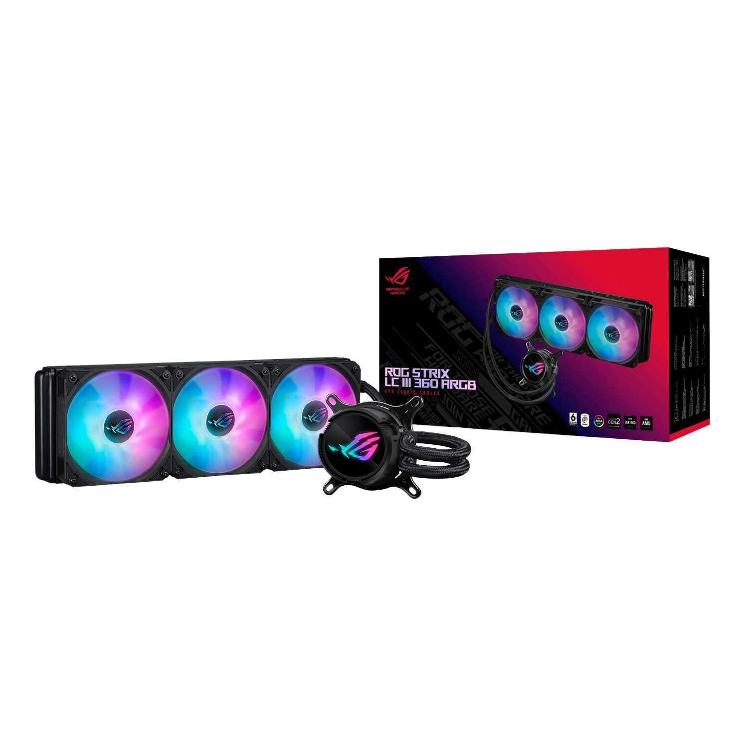 ROGSTRIXLCIII360ARGB_ASUS_ROG_Strix_LC_III_360_ARGB_Liquid_CP_wr_01jpg - Computech-Solutions RGB liquid CPU cooler with a 360mm radiator and three illuminated fans beside its box.