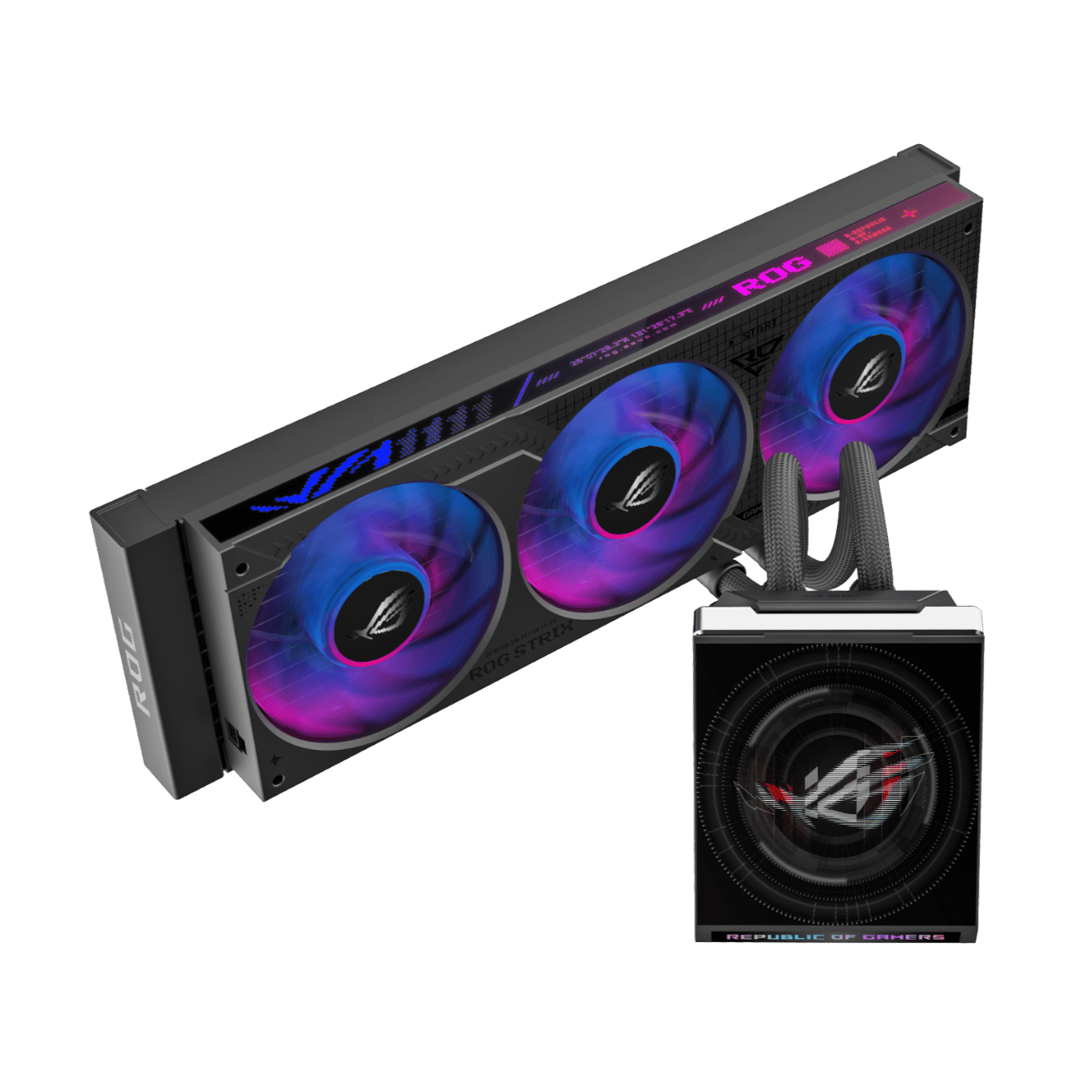 RGB-lit triple-fan graphics card with integrated water-cooling tubes and a black cooling block showing the Republic of Gamers logo