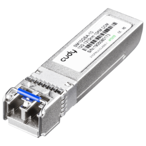 SM10GSA10CudySingleMode10GSFP10kmOpticalMowr01png ComputechSolutions Cudy brand SFP fiber transceiver module with metal housing and blue latch, angled view