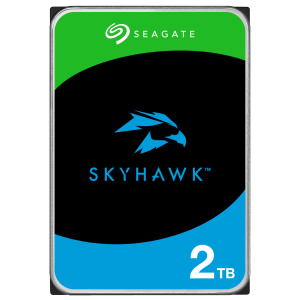 External hard drive by Seagate with SkyHawk branding; 2 TB capacity displayed on a blue bottom section and green top area.