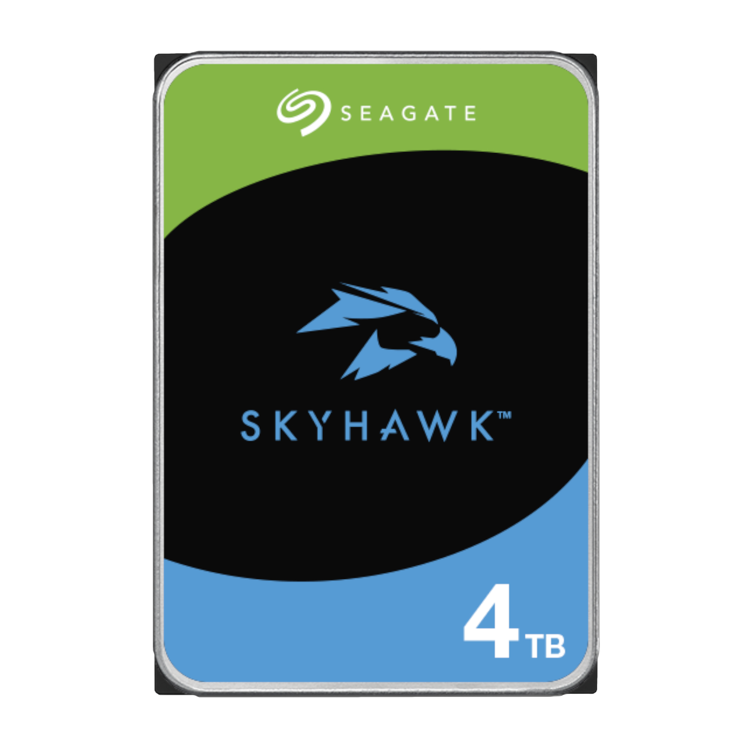 ST4000VX016_Seagate-SkyHawk-Surveillance-4TB-256MB-35-inch-SATA-HDD_wr_01ajpg - Computech-Solutions Seagate SkyHawk 4 TB hard drive with green top and blue logo, surveillance HDD.