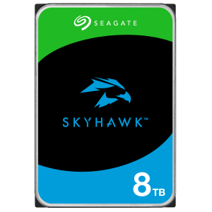 Seagate SkyHawk 8TB hard drive label with green, black, and blue design showing the logo and capacity 8TB