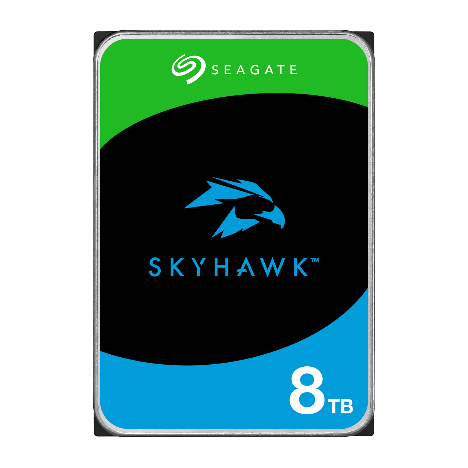 ST8000VX010_Seagate_SkyHawk_Surveillance_8TB_256MB_3_wr_01png - Computech-Solutions Seagate SkyHawk 8TB hard drive label with green, black, and blue design showing the logo and capacity 8TB