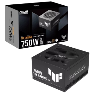 Boxed ASUS TUF Gaming EVO 750W power supply unit (PSU) with fan vent design shown beside the package.