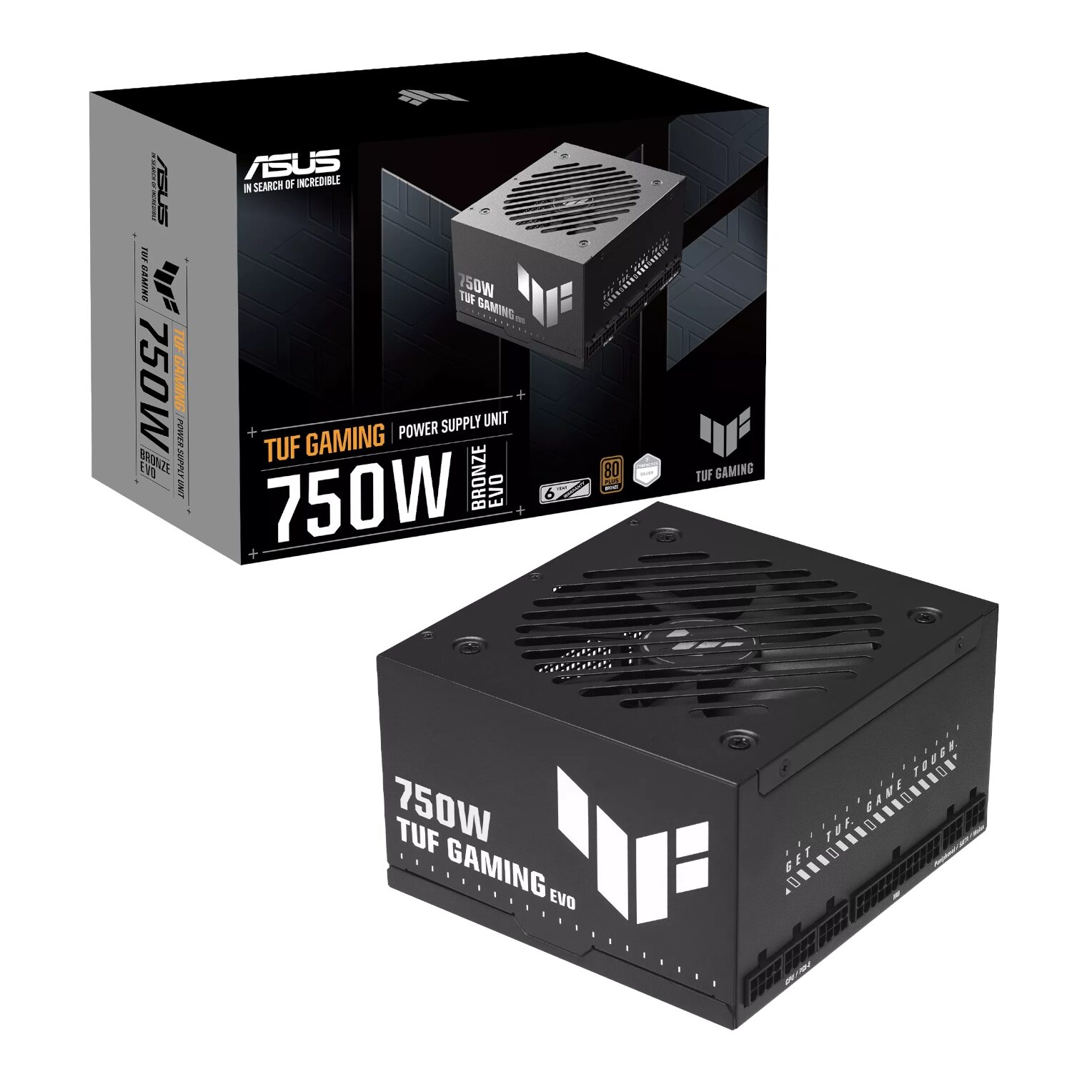 TUF-GAMING-750B-EVO_ASUS_TUF_Gaming_750W_80PLUS_Bronze_EVO_M_wr_01jpg - Computech-Solutions Boxed ASUS TUF Gaming EVO 750W power supply unit (PSU) with fan vent design shown beside the package.