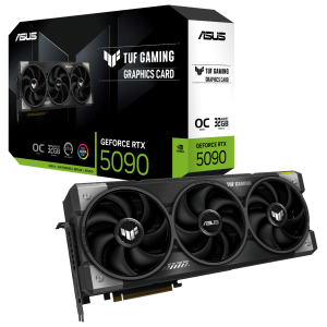 TUF-RTX5090-O32G-GAMING_ASUS_TUF_Gaming_GeForce_RTX_5090_32GB_GD_wr_01png - Computech-Solutions ASUS TUF Gaming GeForce RTX 5090 graphics card with three fans in front of its black packaging with green accents and branding.