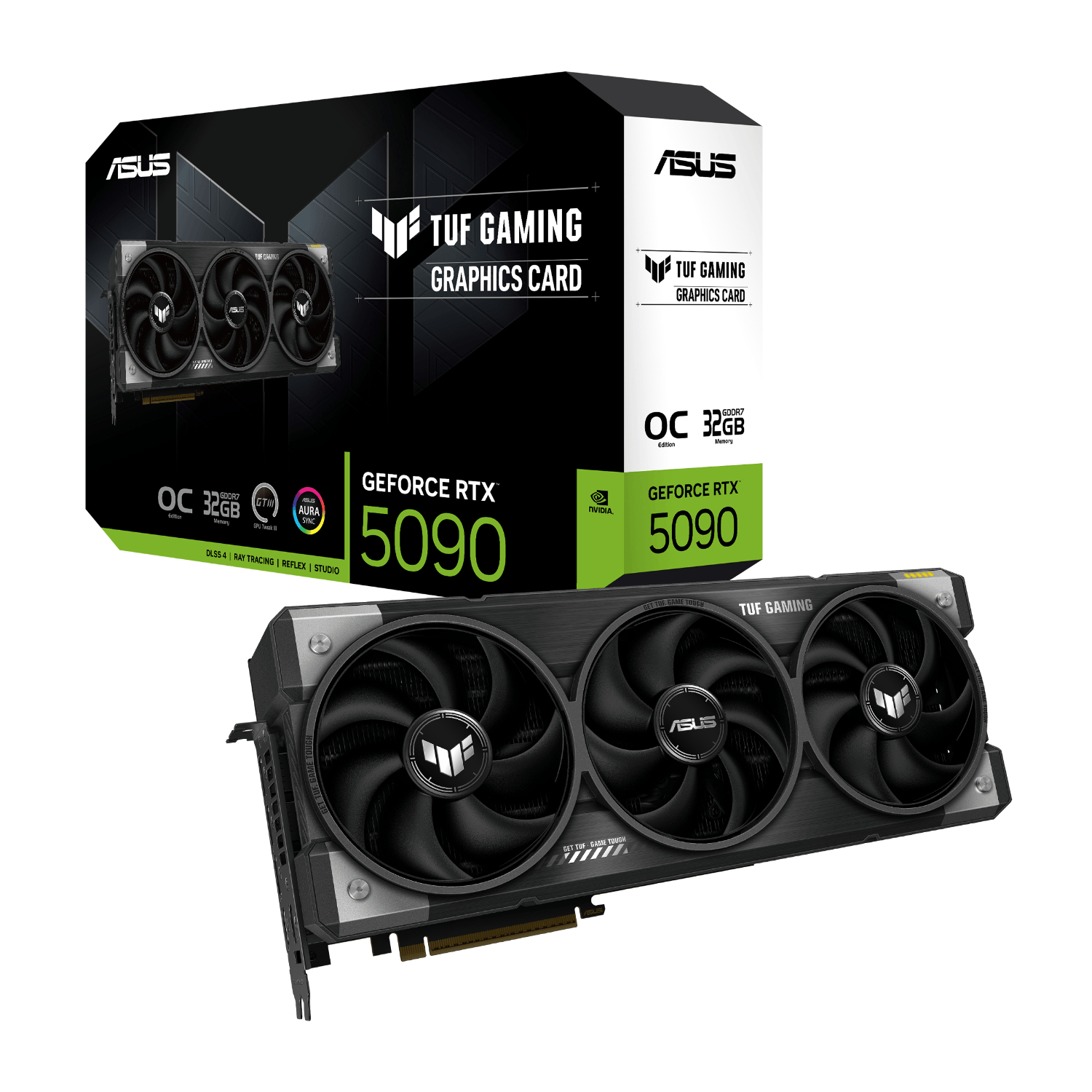 TUF-RTX5090-O32G-GAMING_ASUS_TUF_Gaming_GeForce_RTX_5090_32GB_GD_wr_01png - Computech-Solutions ASUS TUF Gaming GeForce RTX 5090 graphics card with three fans in front of its black packaging with green accents and branding.
