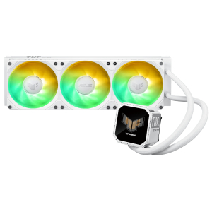 White liquid cooling radiator with three illuminated RGB fans and a connected square water block/pump unit marked TUF Gaming on a white background