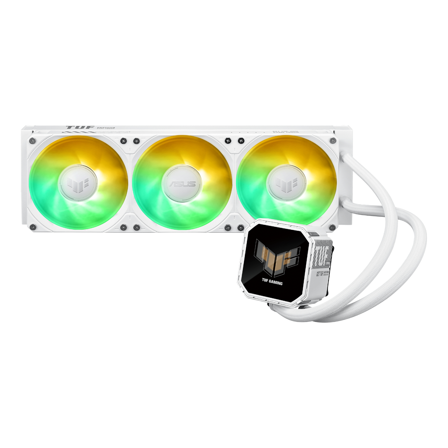 TUFGAMINGLCIII360ARGBLCDW_ASUS-TUF-Gaming-LC-III-360-ARGB-CPU-Liquid-Cooler-White_wr_01ajpg - Computech-Solutions White liquid cooling radiator with three illuminated RGB fans and a connected square water block/pump unit marked TUF Gaming on a white background